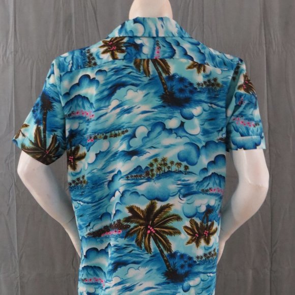 Vintage Hawaiian Aloha Shirt - Ocean Pattern with Neon Palm Trees - Men's Large - Picture 8 of 10